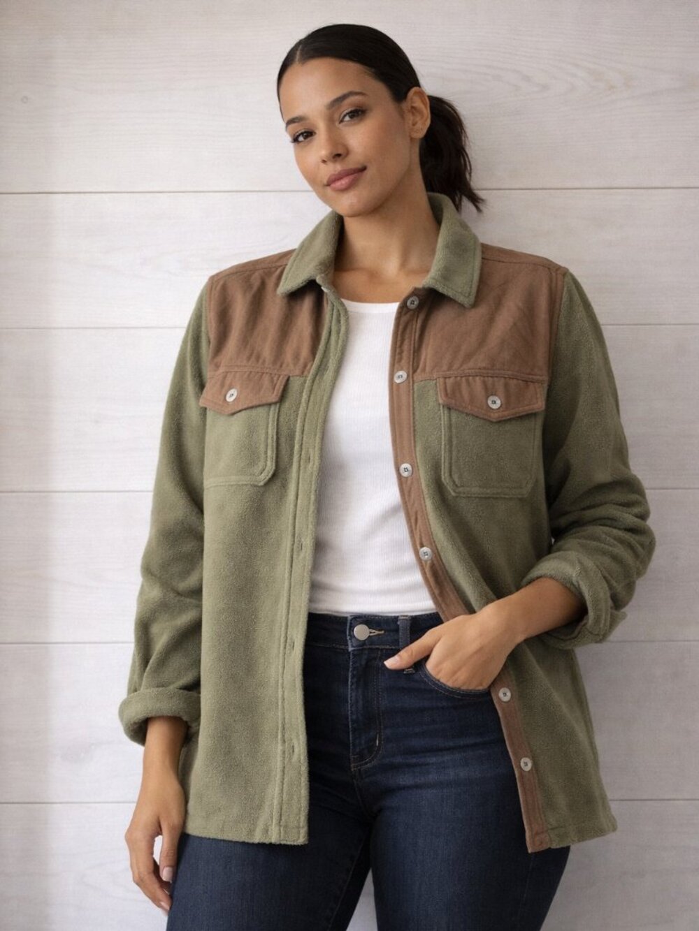 Eddie Bauer Sport Shop Women's M Olive Fleece Quilted Yoke Shirt Jacket